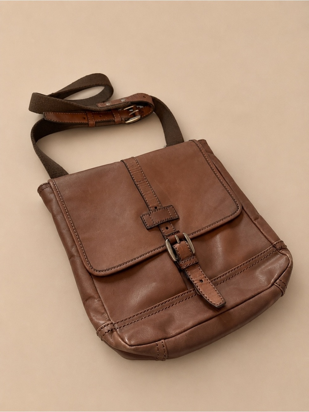 Fossil Brown Leather Messenger Crossbody Bag Organizer Tablet Satchel
